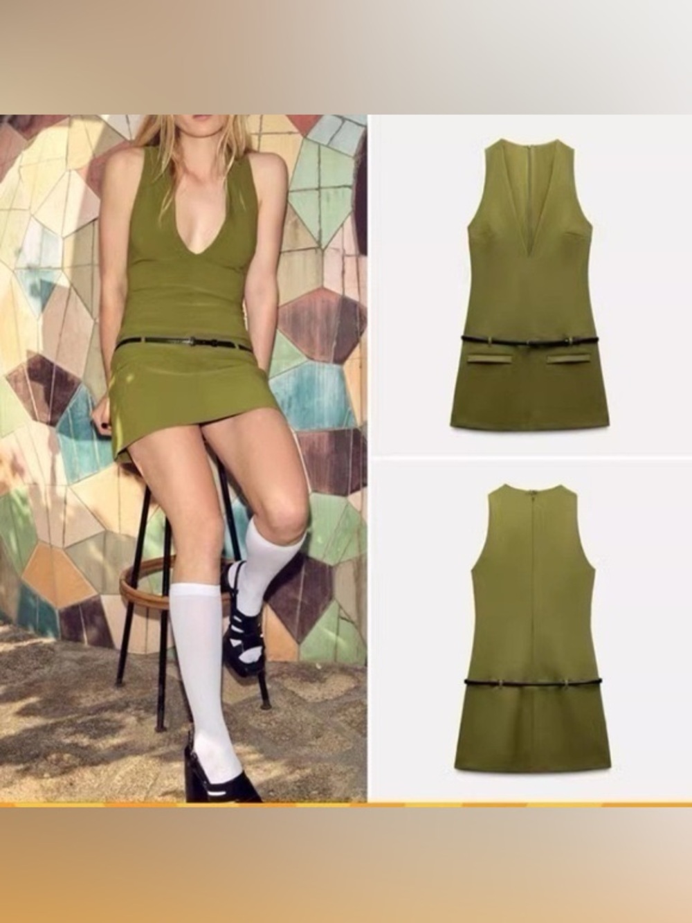 Zara Olive Green Sleeveless Belted V-Neck Mini Dress